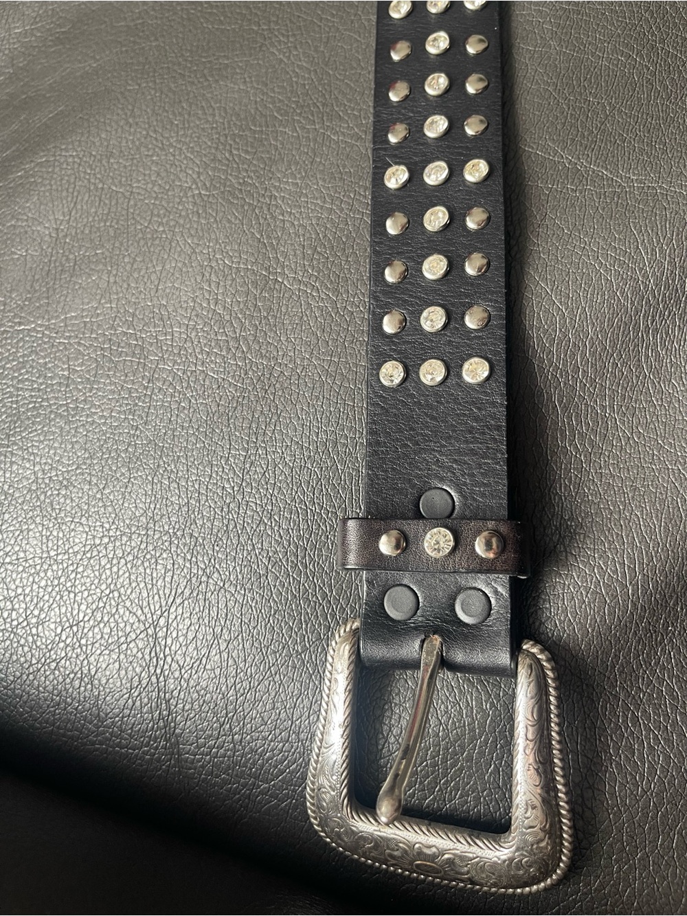 Men's Black Studded Leather Belt with Silver Buckle